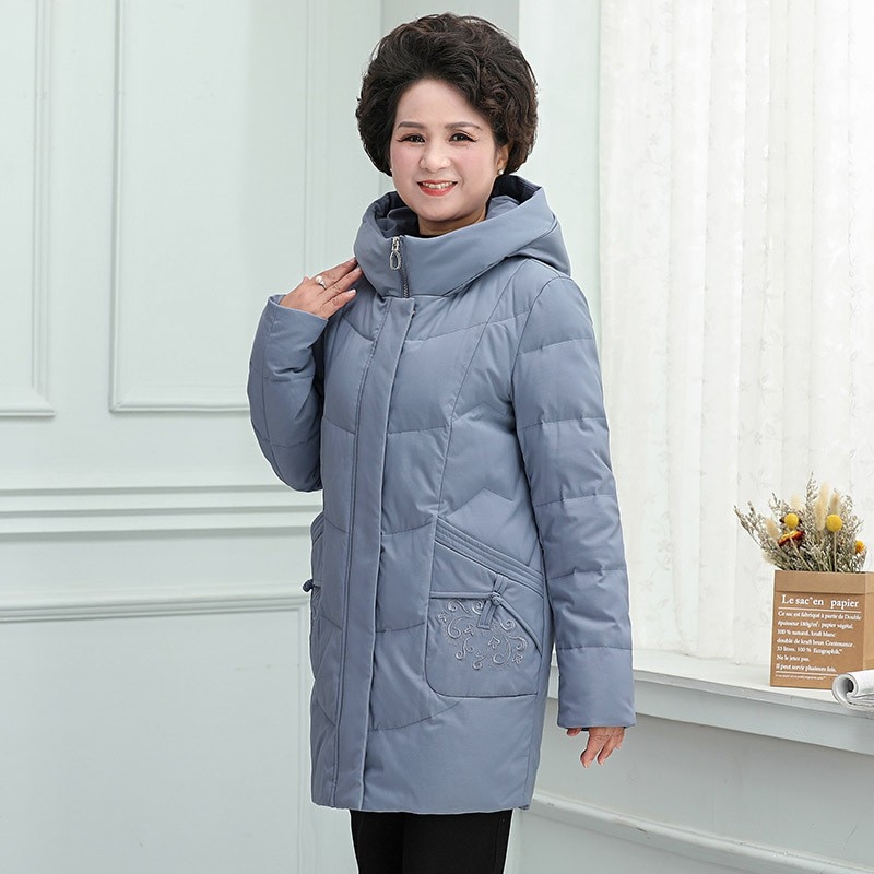 Középhosszú pehelykabát, vastag, kapucnival, fehér kacsa tollal töltve