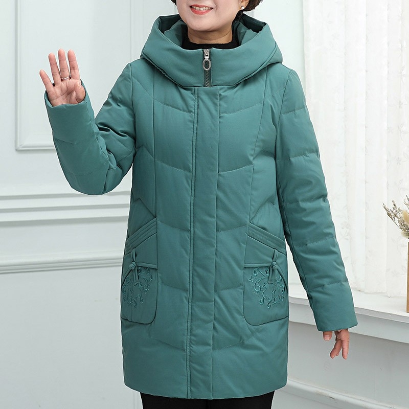 Középhosszú pehelykabát, vastag, kapucnival, fehér kacsa tollal töltve