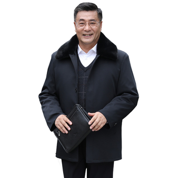 Őszi-téli pamutkabát idős férfiaknak levehető szőrme gallérral, kamélszőr töltettel és belső bélésével, vastag poliészter anyag