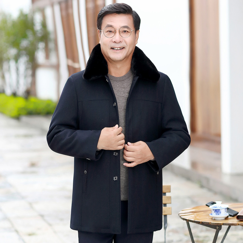 Őszi-téli pamutkabát idős férfiaknak levehető szőrme gallérral, kamélszőr töltettel és belső bélésével, vastag poliészter anyag