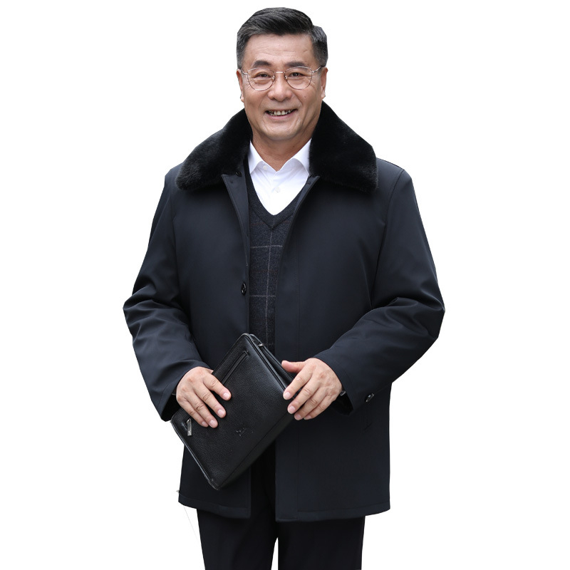 Őszi-téli pamutkabát idős férfiaknak levehető szőrme gallérral, kamélszőr töltettel és belső bélésével, vastag poliészter anyag