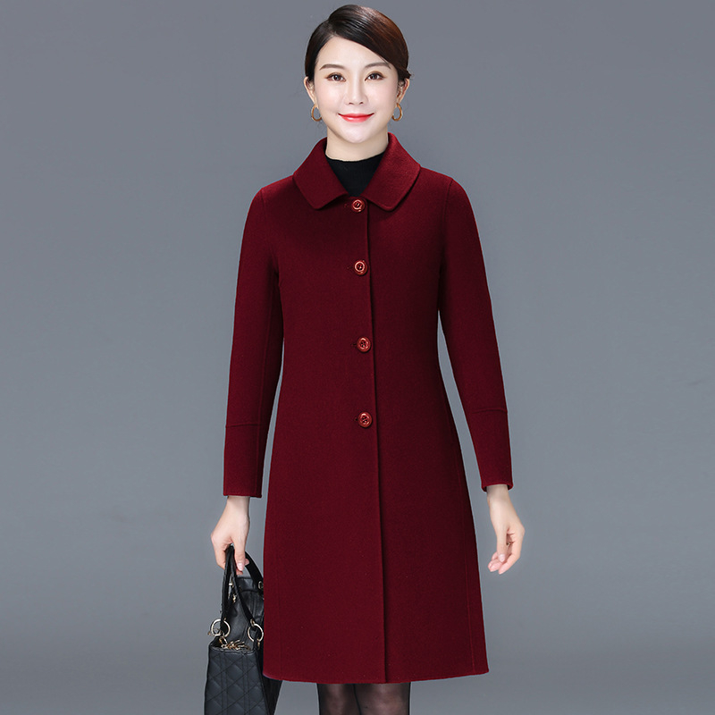 Női kétoldalas gyapjú kabát, hosszú, reveres gallér, egysoros gombolás, 95% feletti gyapjú tartalom