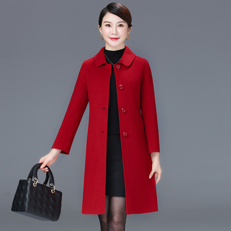 Női kétoldalas gyapjú kabát, hosszú, reveres gallér, egysoros gombolás, 95% feletti gyapjú tartalom