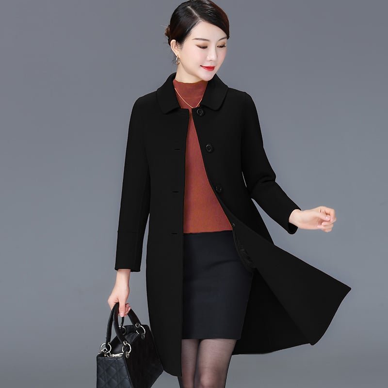 Női kétoldalas gyapjú kabát, hosszú, reveres gallér, egysoros gombolás, 95% feletti gyapjú tartalom