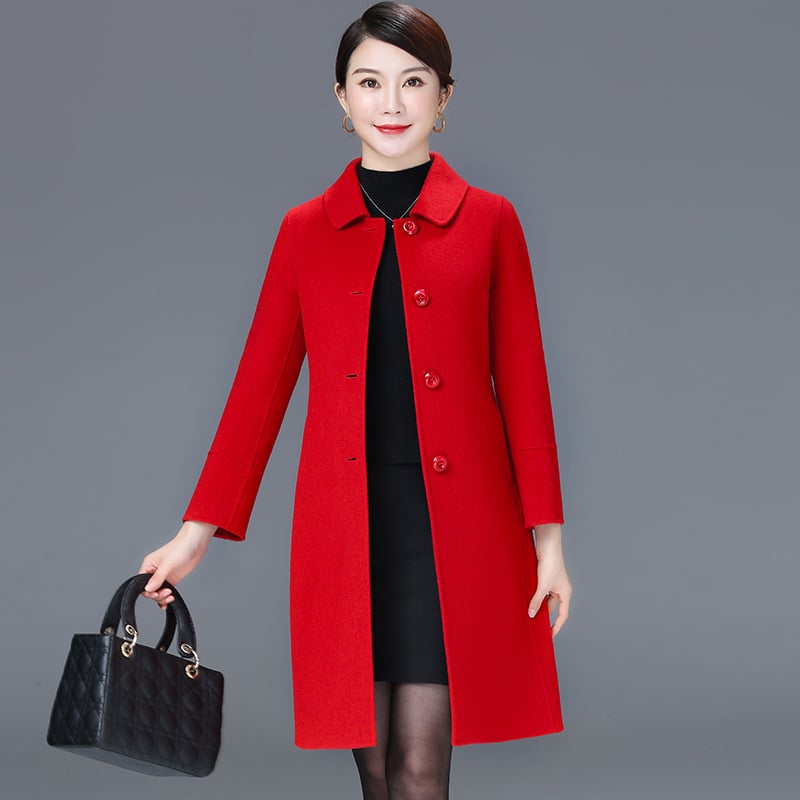 Női kétoldalas gyapjú kabát, hosszú, reveres gallér, egysoros gombolás, 95% feletti gyapjú tartalom