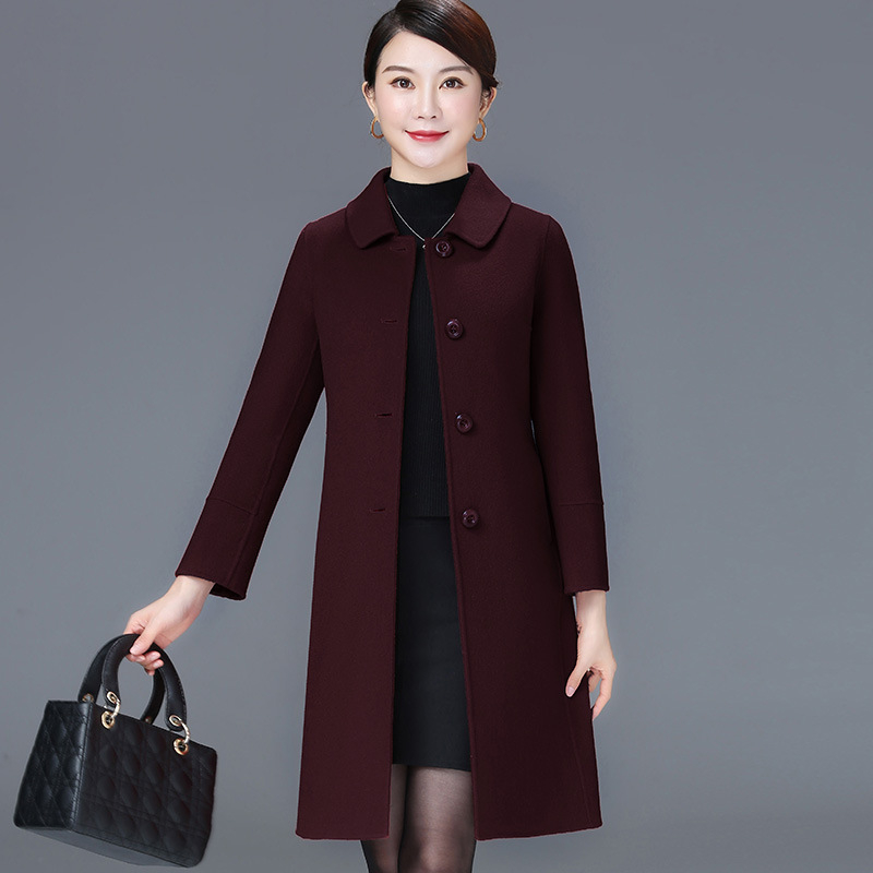 Női kétoldalas gyapjú kabát, hosszú, reveres gallér, egysoros gombolás, 95% feletti gyapjú tartalom