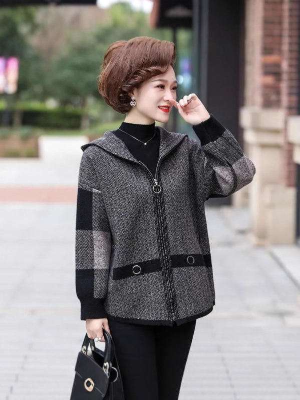 Παλτό με διπλό βελούδο και κουκούλα, χοντρό πολυεστέρα, φερμουάρ μπροστά, χαλαρή γραμμή, καθημερινό ιαπωνο-κορεατικό στυλ