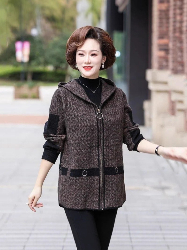Παλτό με διπλό βελούδο και κουκούλα, χοντρό πολυεστέρα, φερμουάρ μπροστά, χαλαρή γραμμή, καθημερινό ιαπωνο-κορεατικό στυλ