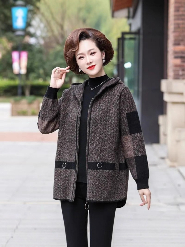 Παλτό με διπλό βελούδο και κουκούλα, χοντρό πολυεστέρα, φερμουάρ μπροστά, χαλαρή γραμμή, καθημερινό ιαπωνο-κορεατικό στυλ