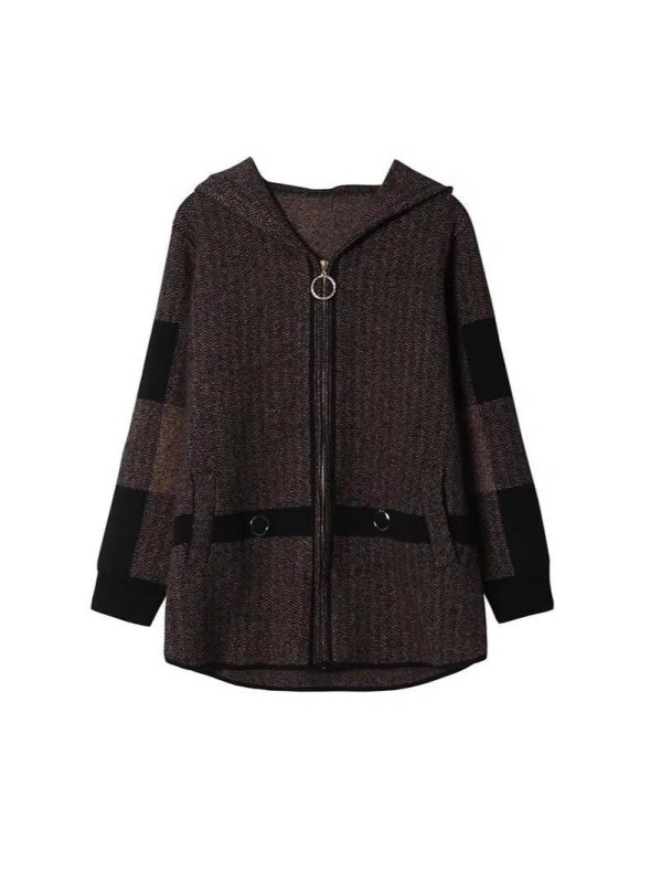 Παλτό με διπλό βελούδο και κουκούλα, χοντρό πολυεστέρα, φερμουάρ μπροστά, χαλαρή γραμμή, καθημερινό ιαπωνο-κορεατικό στυλ