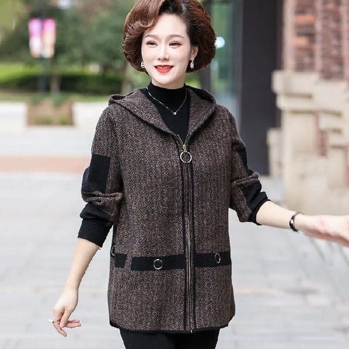 Παλτό με διπλό βελούδο και κουκούλα, χοντρό πολυεστέρα, φερμουάρ μπροστά, χαλαρή γραμμή, καθημερινό ιαπωνο-κορεατικό στυλ
