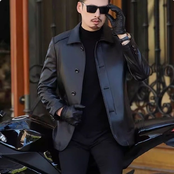 Muška kožna jakna od ovčje kože s gumbima, kapuljačom, podstavljena flisom