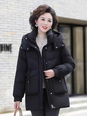 Palton de iarnă pentru femei, umplutură din puf-pamut, glugă, fermoar, material poliester, lungime medie 50–65 cm