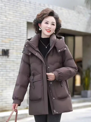 Palton de iarnă pentru femei, umplutură din puf-pamut, glugă, fermoar, material poliester, lungime medie 50–65 cm