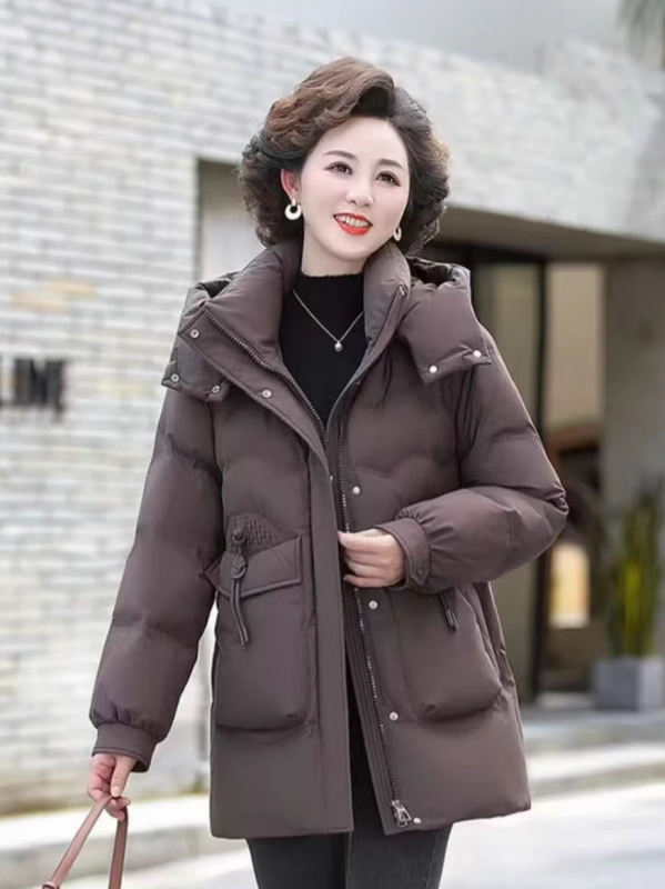 Palton de iarnă pentru femei, umplutură din puf-pamut, glugă, fermoar, material poliester, lungime medie 50–65 cm