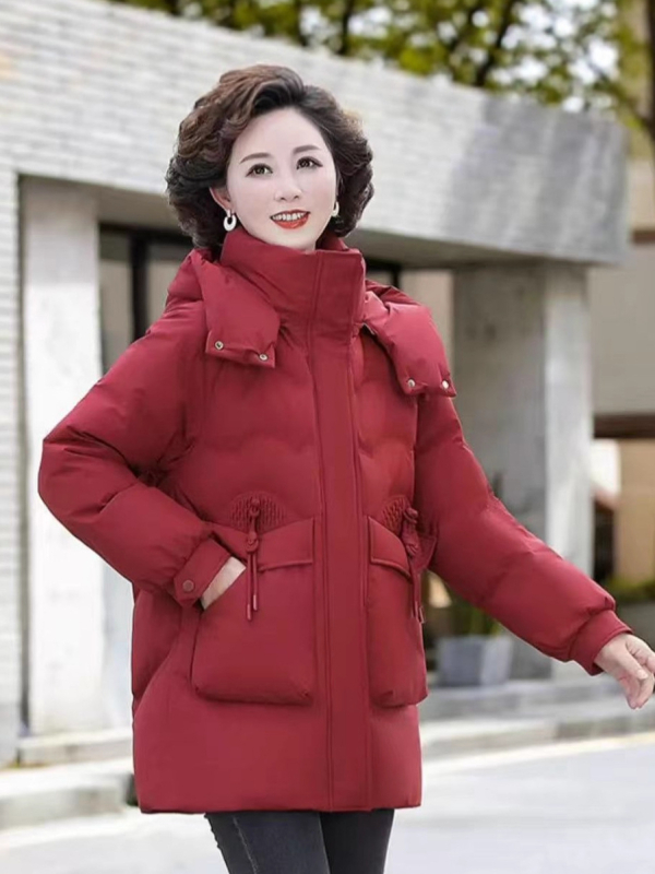 Palton de iarnă pentru femei, umplutură din puf-pamut, glugă, fermoar, material poliester, lungime medie 50–65 cm