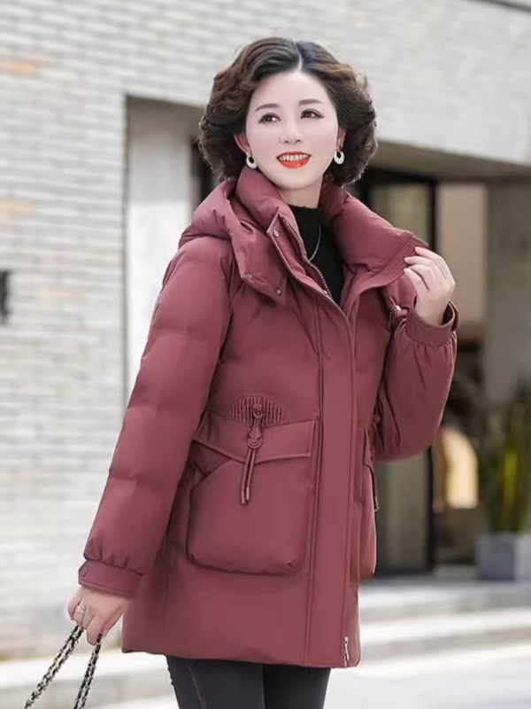 Palton de iarnă pentru femei, umplutură din puf-pamut, glugă, fermoar, material poliester, lungime medie 50–65 cm