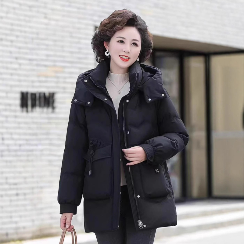 Palton de iarnă pentru femei, umplutură din puf-pamut, glugă, fermoar, material poliester, lungime medie 50–65 cm