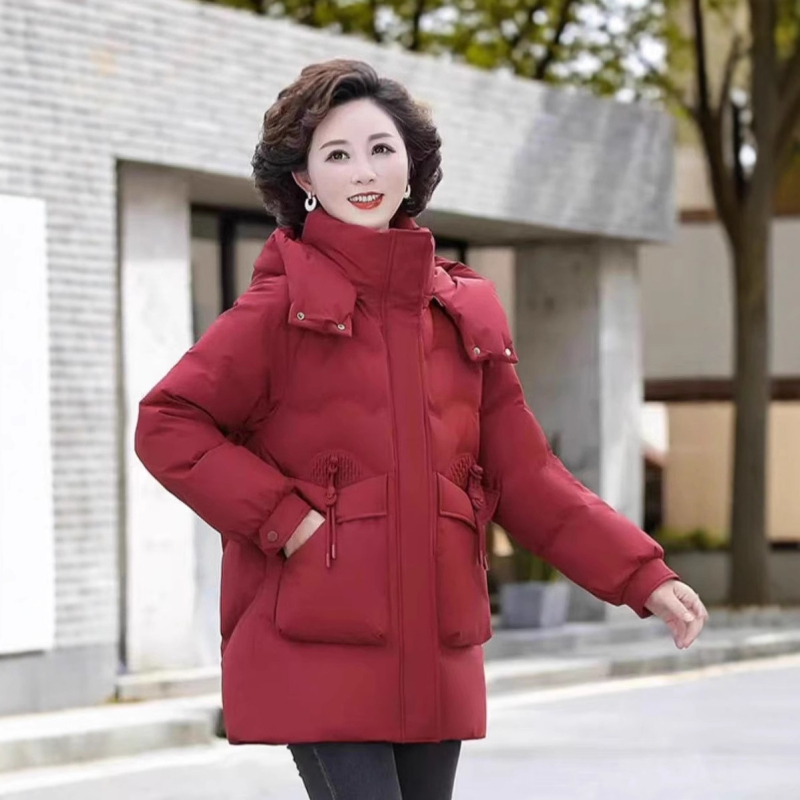 Palton de iarnă pentru femei, umplutură din puf-pamut, glugă, fermoar, material poliester, lungime medie 50–65 cm