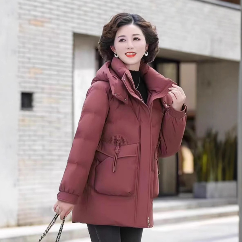 Palton de iarnă pentru femei, umplutură din puf-pamut, glugă, fermoar, material poliester, lungime medie 50–65 cm
