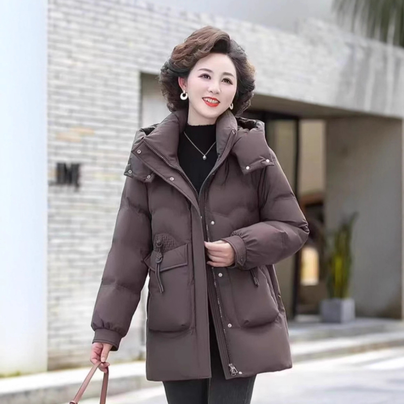 Palton de iarnă pentru femei, umplutură din puf-pamut, glugă, fermoar, material poliester, lungime medie 50–65 cm