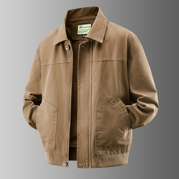 Jachetă bărbătească din bumbac, rever, fermoar frontal, croială lejeră, căptușire din poliester, potrivită pentru primăvară și toamnă, cu mai multe buzunare