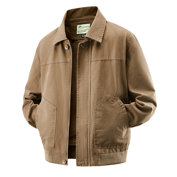 Jachetă bărbătească din bumbac, rever, fermoar frontal, croială lejeră, căptușire din poliester, potrivită pentru primăvară și toamnă, cu mai multe buzunare