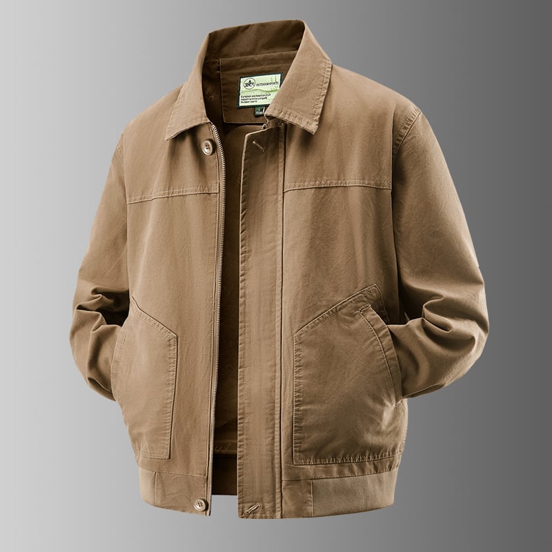 Jachetă bărbătească din bumbac, rever, fermoar frontal, croială lejeră, căptușire din poliester, potrivită pentru primăvară și toamnă, cu mai multe buzunare
