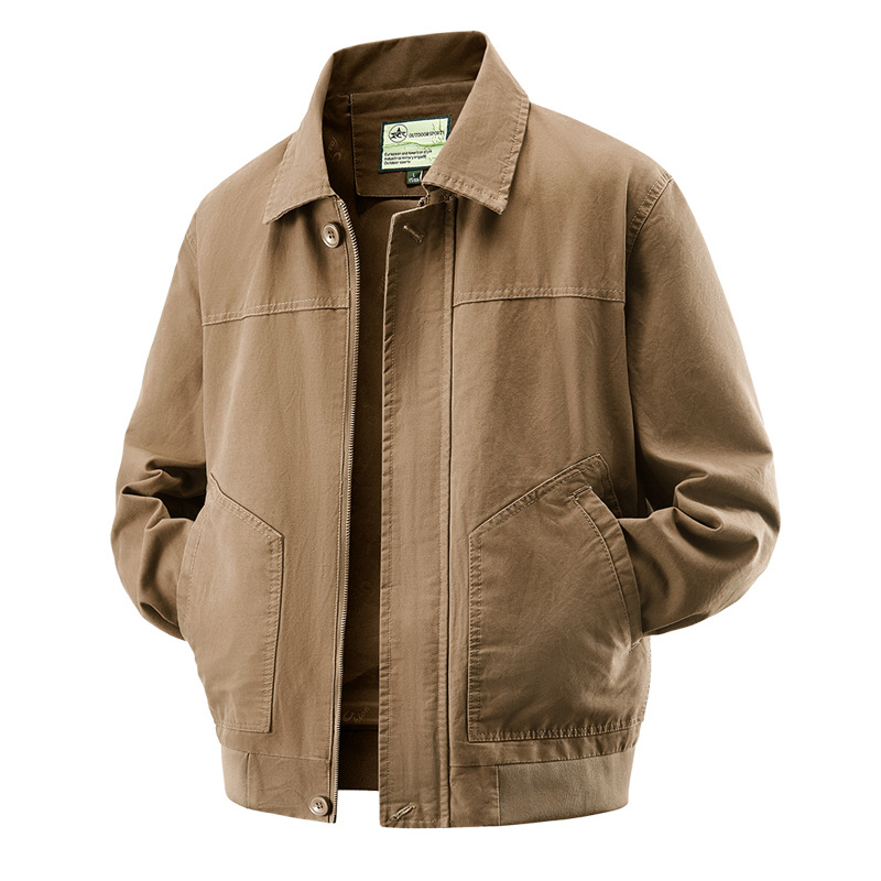 Jachetă bărbătească din bumbac, rever, fermoar frontal, croială lejeră, căptușire din poliester, potrivită pentru primăvară și toamnă, cu mai multe buzunare