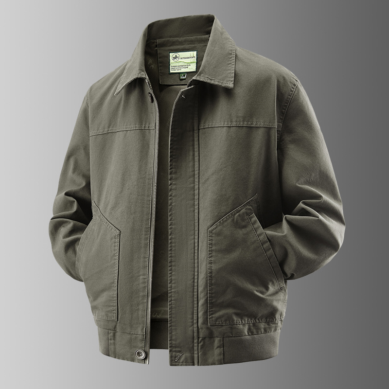 Jachetă bărbătească din bumbac, rever, fermoar frontal, croială lejeră, căptușire din poliester, potrivită pentru primăvară și toamnă, cu mai multe buzunare