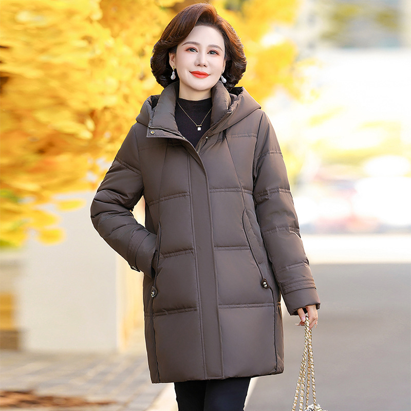 Jachetă de puf pentru femei, cu puf de rață alb, conținut de puf 86–90%, lungime medie, cu glugă