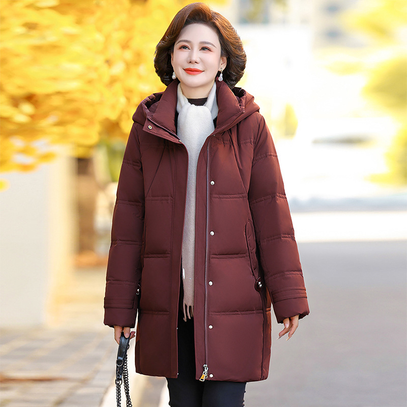 Jachetă de puf pentru femei, cu puf de rață alb, conținut de puf 86–90%, lungime medie, cu glugă