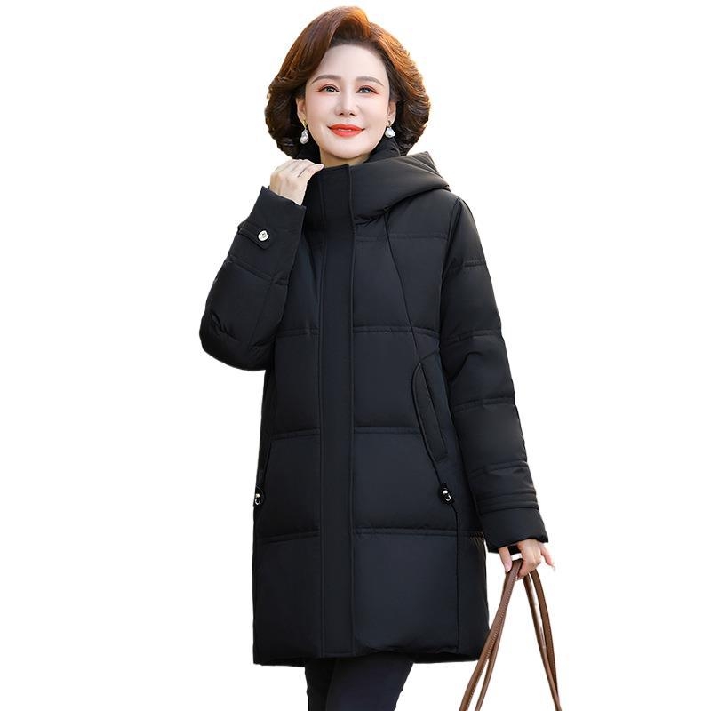 Jachetă de puf pentru femei, cu puf de rață alb, conținut de puf 86–90%, lungime medie, cu glugă