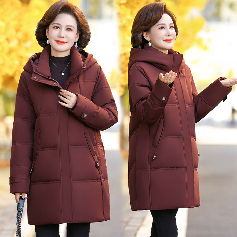 Jachetă de puf pentru femei, cu puf de rață alb, conținut de puf 86–90%, lungime medie, cu glugă