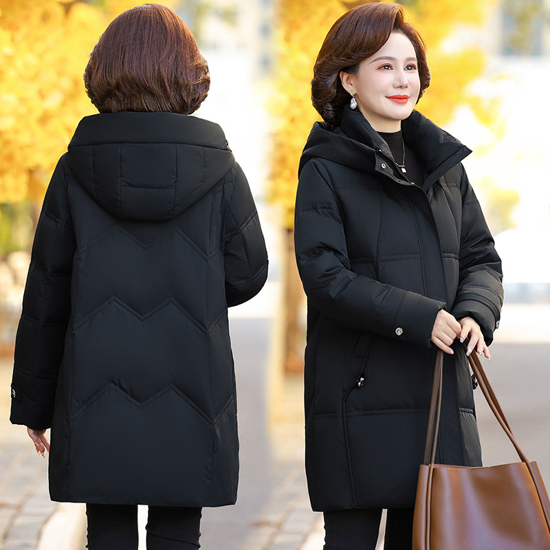 Jachetă de puf pentru femei, cu puf de rață alb, conținut de puf 86–90%, lungime medie, cu glugă