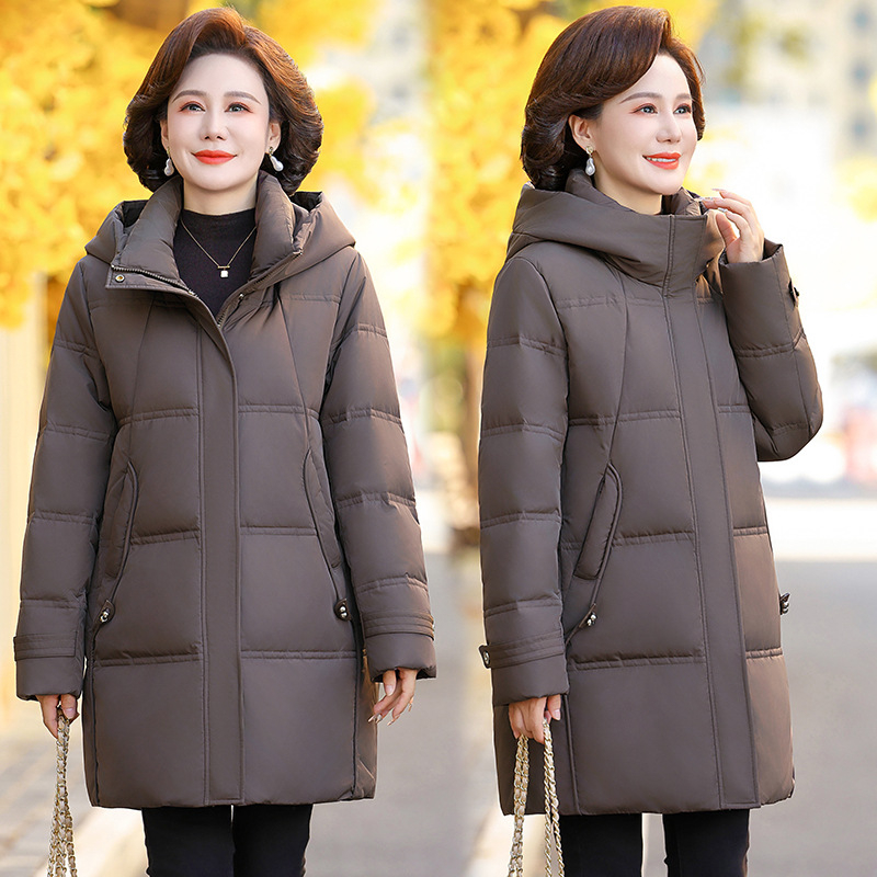 Jachetă de puf pentru femei, cu puf de rață alb, conținut de puf 86–90%, lungime medie, cu glugă