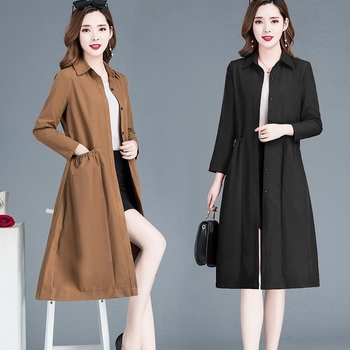 Γυναικείο μακρύ trench coat - Α-γραμμής σιλουέτα, γιακά πόλο, μακριά μανίκια, κουμπί μπροστά, μίξη πολυεστέρα-ελαστάνης