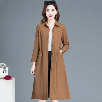 Γυναικείο μακρύ trench coat - Α-γραμμής σιλουέτα, γιακά πόλο, μακριά μανίκια, κουμπί μπροστά, μίξη πολυεστέρα-ελαστάνης