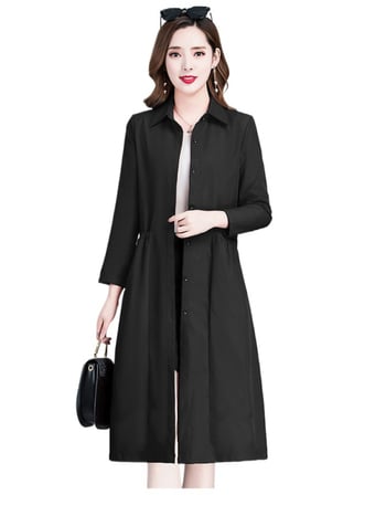 Γυναικείο μακρύ trench coat - Α-γραμμής σιλουέτα, γιακά πόλο, μακριά μανίκια, κουμπί μπροστά, μίξη πολυεστέρα-ελαστάνης