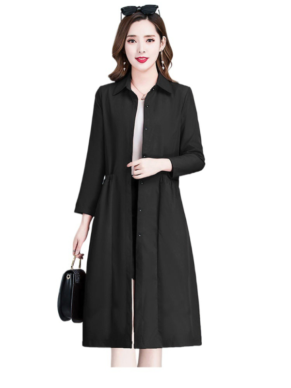 Γυναικείο μακρύ trench coat - Α-γραμμής σιλουέτα, γιακά πόλο, μακριά μανίκια, κουμπί μπροστά, μίξη πολυεστέρα-ελαστάνης