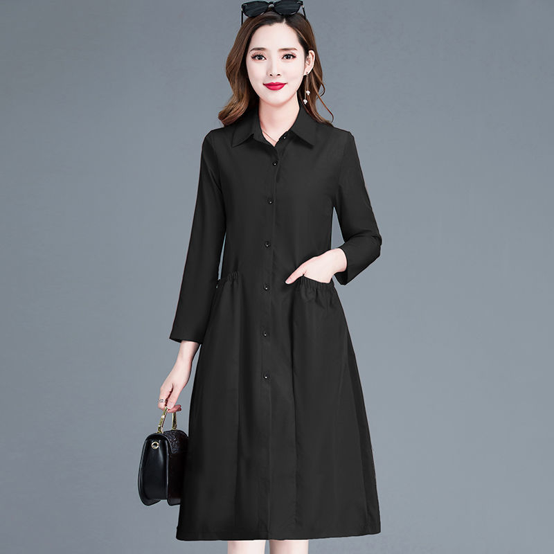 Γυναικείο μακρύ trench coat - Α-γραμμής σιλουέτα, γιακά πόλο, μακριά μανίκια, κουμπί μπροστά, μίξη πολυεστέρα-ελαστάνης