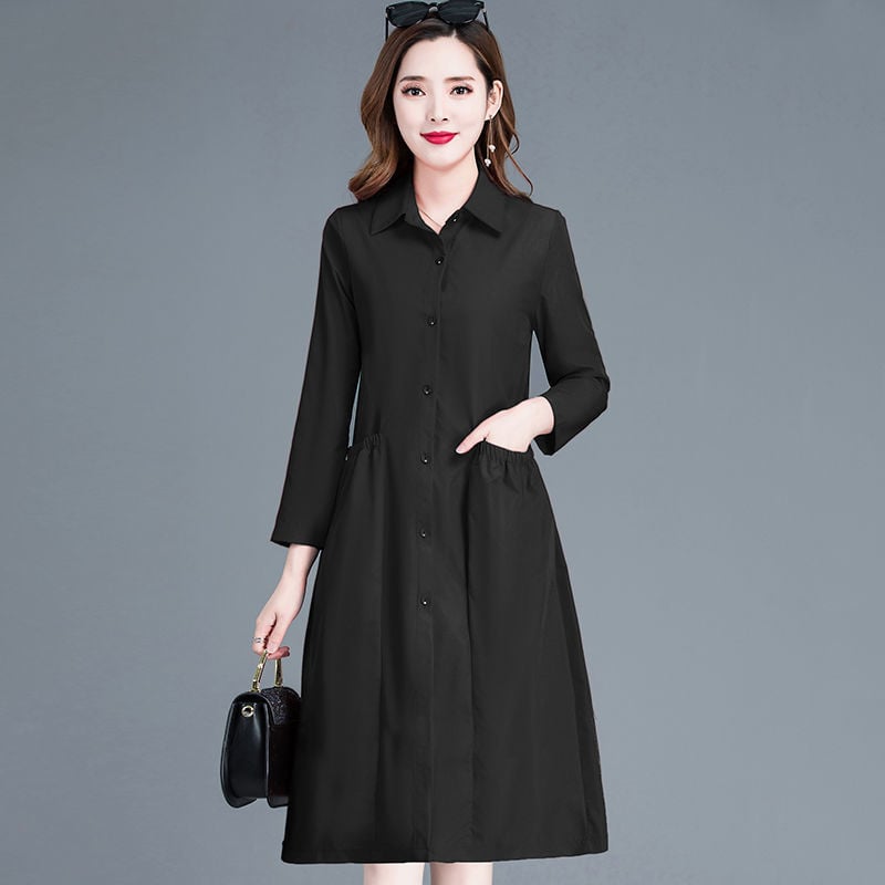 Γυναικείο μακρύ trench coat - Α-γραμμής σιλουέτα, γιακά πόλο, μακριά μανίκια, κουμπί μπροστά, μίξη πολυεστέρα-ελαστάνης