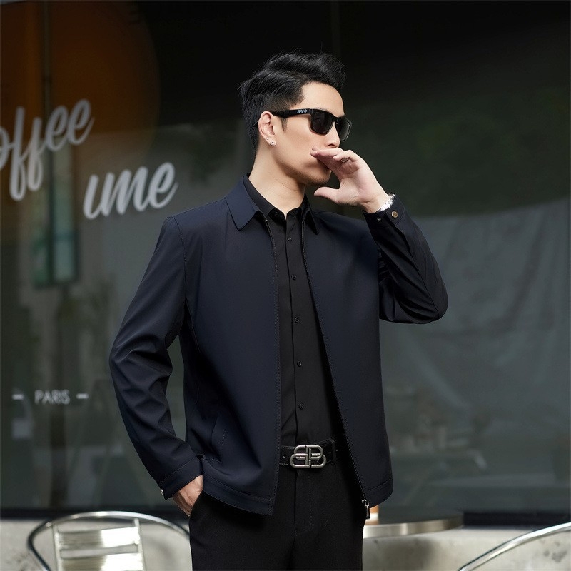 Sacou de toamnă pentru bărbați 2024, rever, fermoar, croială ajustată, mâneci lungi, poliester