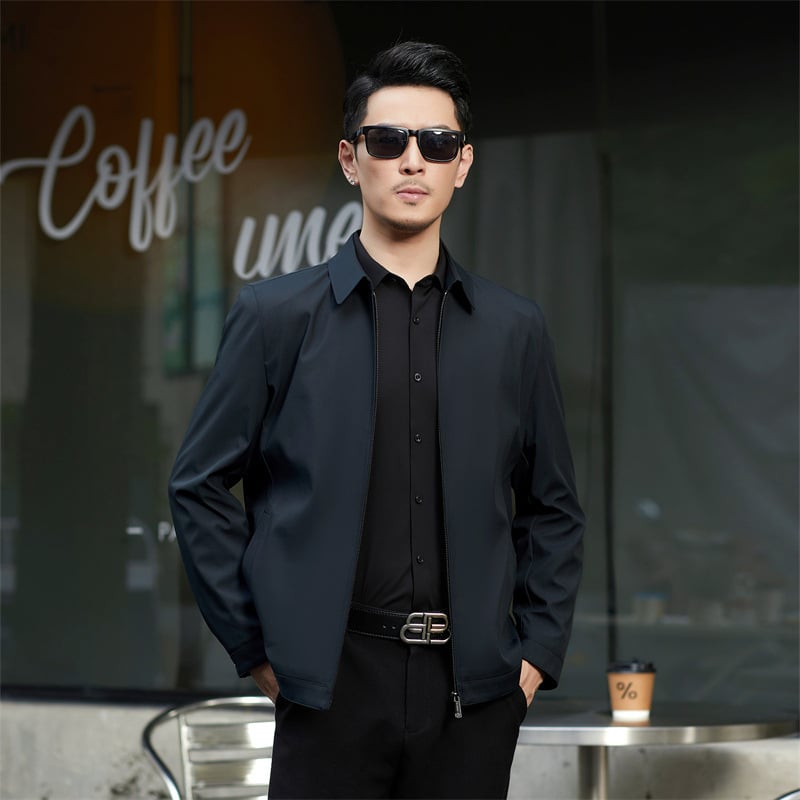 Sacou de toamnă pentru bărbați 2024, rever, fermoar, croială ajustată, mâneci lungi, poliester