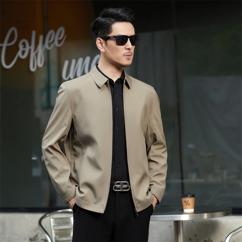 Sacou de toamnă pentru bărbați 2024, rever, fermoar, croială ajustată, mâneci lungi, poliester