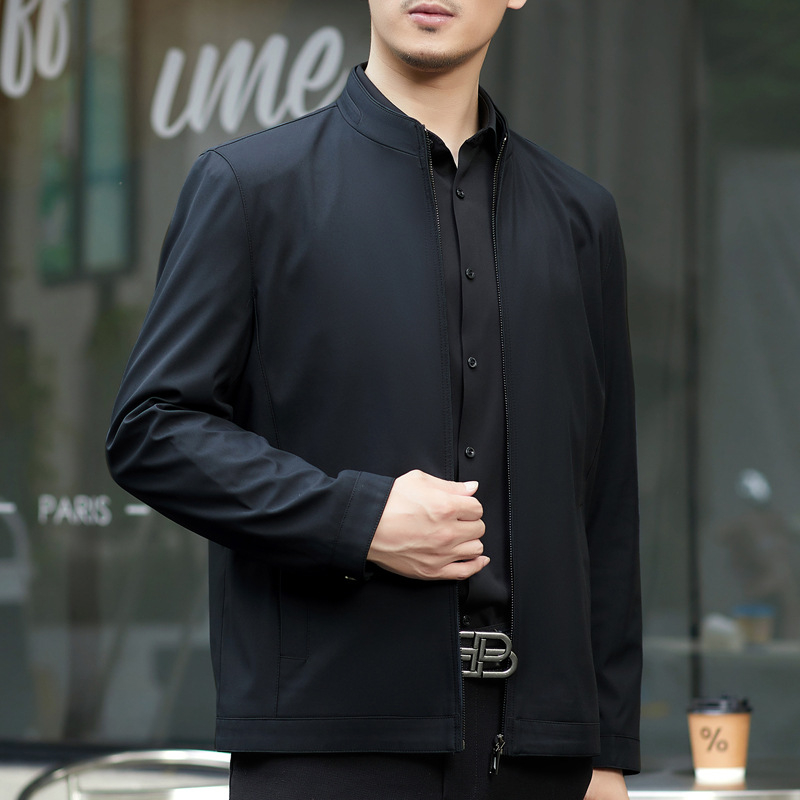 Sacou de toamnă pentru bărbați 2024, rever, fermoar, croială ajustată, mâneci lungi, poliester