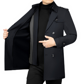 Férfi középhosszú dzseki reveres gallérral, cipzáras zárás, egyszínű pamut-poliészter anyag, cipzáras zsebek, tavasz-ősz, szabadidő/üzleti stílus