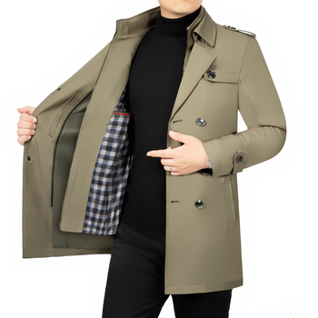 Férfi középhosszú dzseki reveres gallérral, cipzáras zárás, egyszínű pamut-poliészter anyag, cipzáras zsebek, tavasz-ősz, szabadidő/üzleti stílus