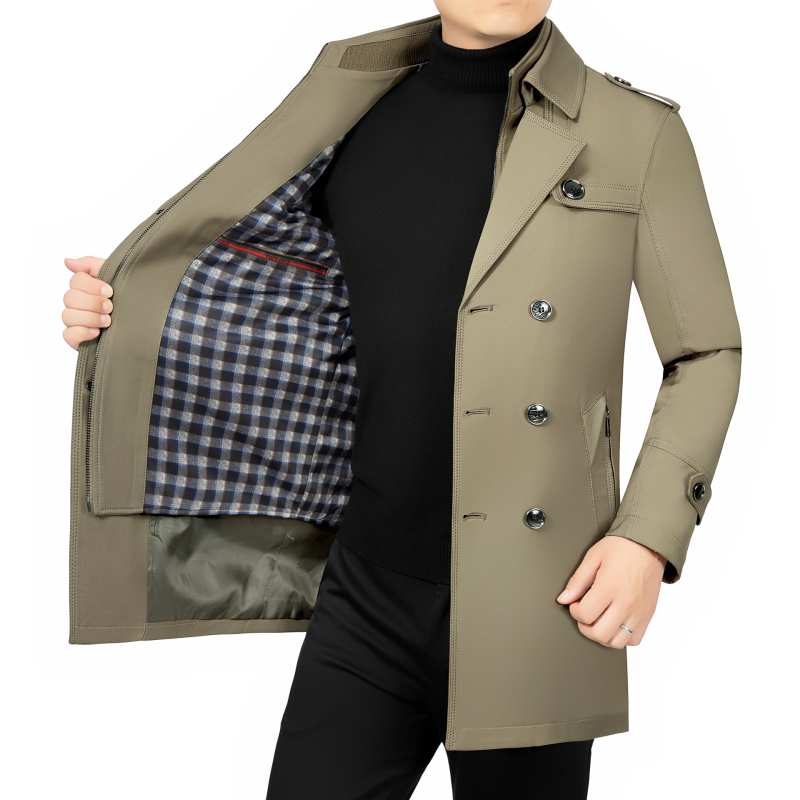 Férfi középhosszú dzseki reveres gallérral, cipzáras zárás, egyszínű pamut-poliészter anyag, cipzáras zsebek, tavasz-ősz, szabadidő/üzleti stílus