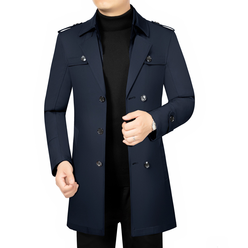 Férfi középhosszú dzseki reveres gallérral, cipzáras zárás, egyszínű pamut-poliészter anyag, cipzáras zsebek, tavasz-ősz, szabadidő/üzleti stílus